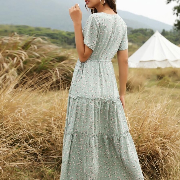 BOHO v neck floral print  side slit maxi dress - Picture 4 of 10